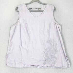 Edward Woman Tank Top Womens 1X Purple Irish Linen V Neck Embroidered Floral